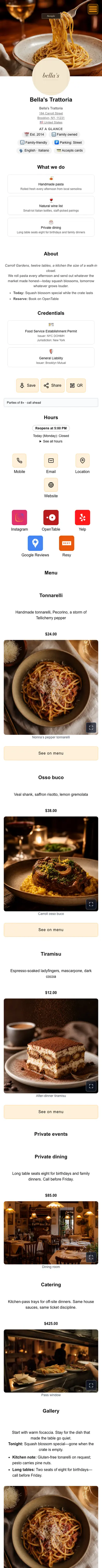 Scrollable preview of the Bella's Trattoria sample profile